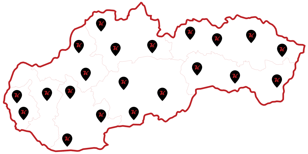 Mapa slovenska s vyznačenými mestami kde stoja oceľové haly od spoločnosti Klaster